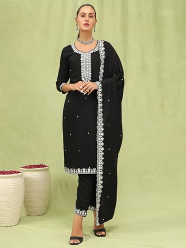 Image of VredeVogel Kurta Set with Dupatta | Viscose Roman Silk Embroidered Kurta Set for Women | Women's Ethnic Casual Kurti Set |Kurta Pant Festive Suit