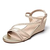 IDIFU Women's Wedge Heel Sandal Dress Low Strappy 2 Inch Open Toe Wedding Bridal Shoes for Woman Ladies Evening Formal(Gold Glitter, 7 M US)