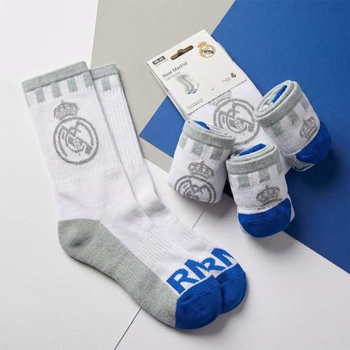 Miniatura 3 de Cerdá Life S Little Moments Real Madrid Calcetines Deportivos Oficiales, Talla 38-45, Blanco Y Gris Con Logo Del Club, Puntera Azul