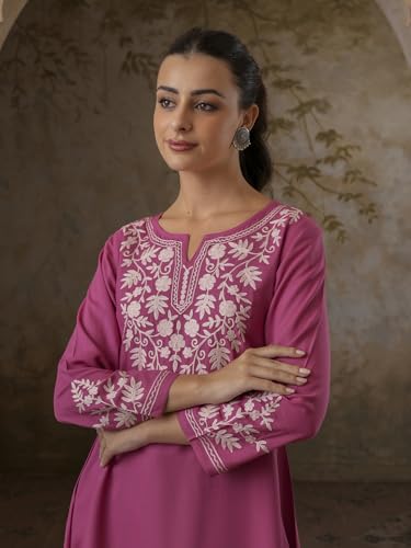 Image of QAZMI Women's Aari Embroidered Viscose Rayon A-Line Flared Short Kurti