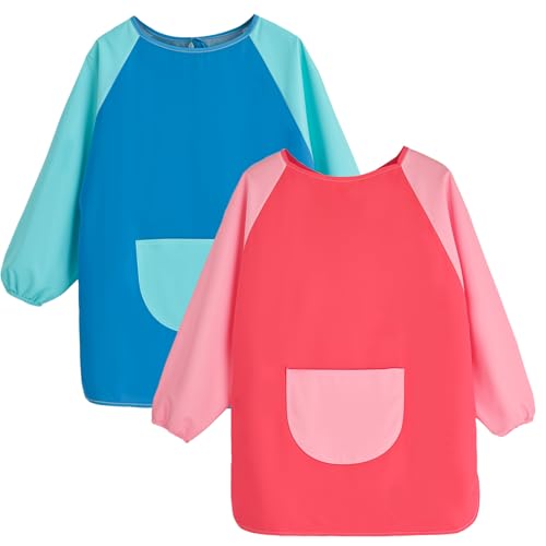 Camptrip 2 Stück Malschürze Kinder Malerkittel für 3-6 9-12 Jahre Jungen Mädchen Bastelschürze mit Tasche Wasserdicht & Atmungsaktiv für Schule Kunst Malerei Basteln (Blau Rosa 3-6 Jahre)