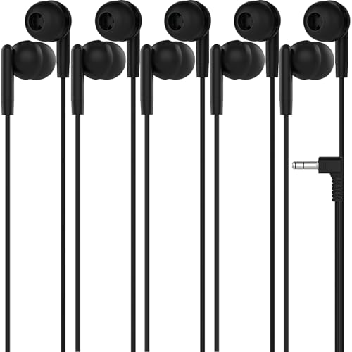 Image of Maeline Classroom Headphones Bulk 5 Pack Earbuds - Wired 3.5mm School Earbuds for Students, Kids, Library & Testing Use - Individually Wrapped, Multi Device Compatible - Black