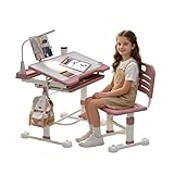 Schreibtisch Kinder, Kinderschreibtisch und Stuhl Set, Höhenverstellbar Kinderschreibtisch für Kinder 3-12 Jahre, Mehrfunktional Kinderschreibtisch mit LED Lampe, Aufbewahrung, Malen & Lesen (Rosa)