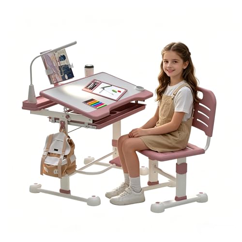 Kinderschreibtisch, Schreibtisch Höhenverstellbar für Kinder von 3-12 Jahren, 55° neigbare Tischplatte, Mehrfunktional Kinderschreibtisch und Stuhl Set - Malerei Tischplatte, Regal, Schränke (Rosa)