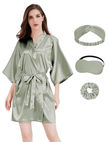 Image of MORFORU Women Bride Bridesmaid Silky Satin Kimono Robe Solid Color Sleepwear for Wedding Party Getting Ready, Short