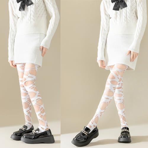 Image of Ripped Fishnet Stockings Tights Gothic Irregular Hole Hollow Out Mesh Lace Pantyhose Women Cosplay Party Accessories