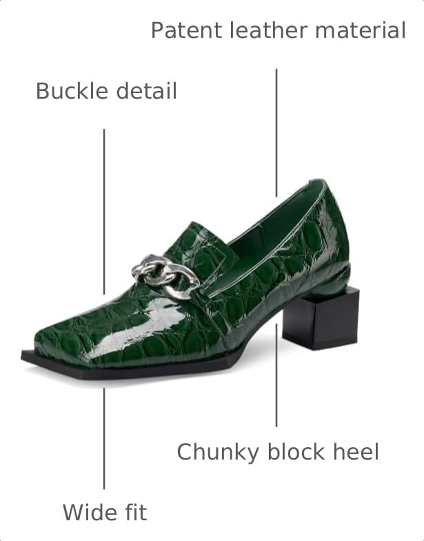 Image of Loafers for Women Patent Leather Buckle Square Toe Chunky Block Dress Slip On Wide Casual Comfortable Dressy High Heels Ladies Comfort Moccasins Elegantes 2 Inch Shoes