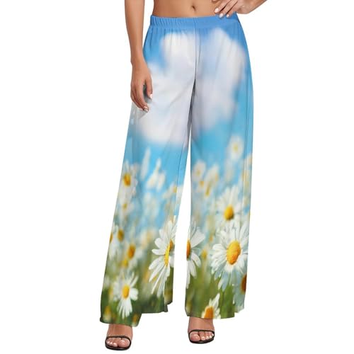 Womens Wide Leg Pants Elegant Purple Flowers Casual High Waist Long Palazzo Pants Lounge Beach Trousers