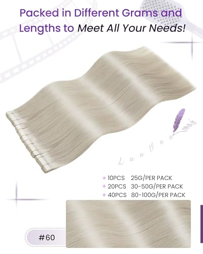 Image of LaaVoo Tape in Hair Extensions Human Hair Blonde Tape in Extensions #60 Platinum Blonde Hair Extension Tape on Short Human Hair 20pcs 30g 12 Inch