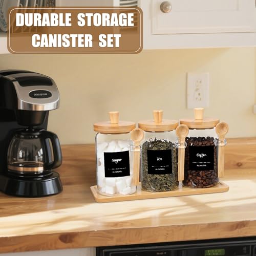 Image of Suclain 3 Pcs Glass Coffee Container Set, 25 oz, Natural Bamboo | Coffee Tea Sugar Canister Set, Airtight Jar Food Storage with Wood Spoon Tray Labels, Kitchen Counter Bar Organization