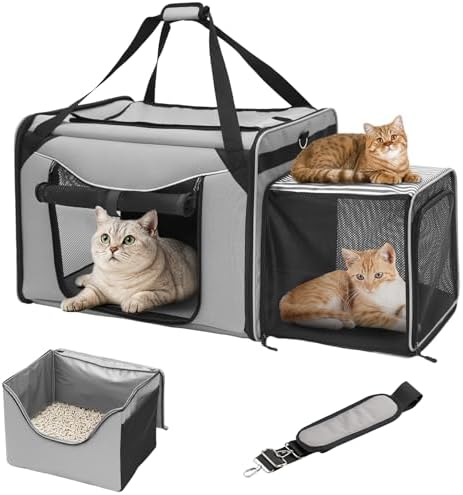 Expandable Large Cat Carrier for Cats, Collapsible Extra Large Cat Travel Carrier with Litter Box for Car, 24″x17″x16″ Soft-Sided Large Cat Condo Enclosures for Cats Under 30 lbs