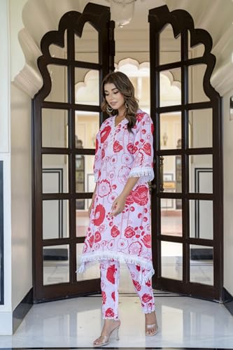 Image of LookMark Women Printed Cotton Blend Straight Kurta Pant Set with Lace - Comfortable Ethnic Wear for Women, Elegant Design, Suitable for Various Occasions