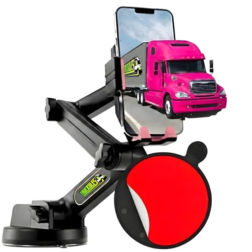 Image of Cell Phone Mount for Truck Phone Holder for Truck Drivers - Heavy Duty Suction Cup + Dashboard Pad, iPhone Holder for Dashboard Window 16.9 inch Long, for iPhone & Samsung, Semi Trucker Women, Pink