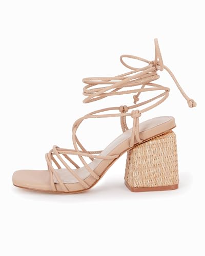 PiePieBuy Women's Lace Up Chunky Braided Heel Sandals Square Toe Strappy Ankle Strap Heels3