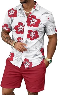 Yoimira Men's Summer Outfits 2-Piece Hawaiian Floral Button-Down Shirt and Shorts Set – Perfect for...