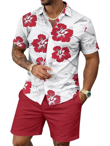 Yoimira Men's Summer Outfits 2-Piece Hawaiian Floral Button-Down Shirt and Shorts Set – Perfect for Beach, Vacation, Cruise