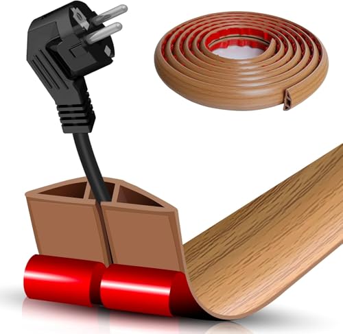 10FT Self-Adhesive Floor Cord Cover - Brown Wood Cable Hider for Power Cords, Office, Gym & Exhibition Wire Management, Anti-Trip PVC Protector