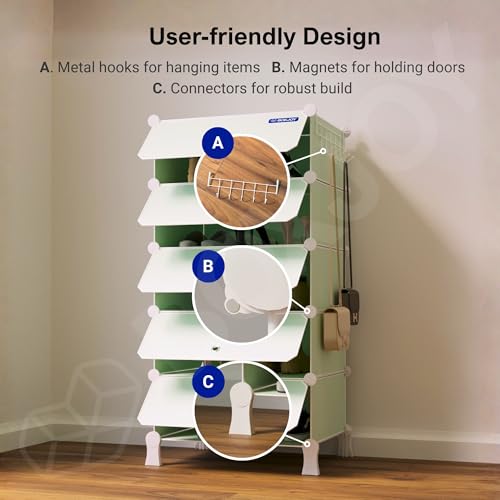 Image of BOXJOY 5 Shelf Plastic Shoe Rack with 5 Doors & 5 Hook Steel Holder (Green) | Shoes Stand Organiser with Feet, Metal Frame Door & Wooden Hammer for Home Storage to Cover Chappal Slipper Sandals