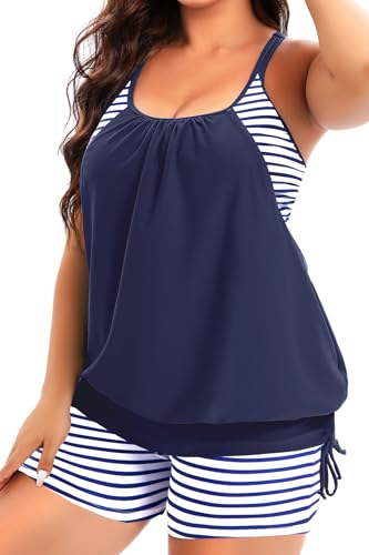 Image of Holipick Plus Size Tankini Swimsuits for Women Two Piece Tummy Control Bathing Suit Blouson Tankini Top with Shorts