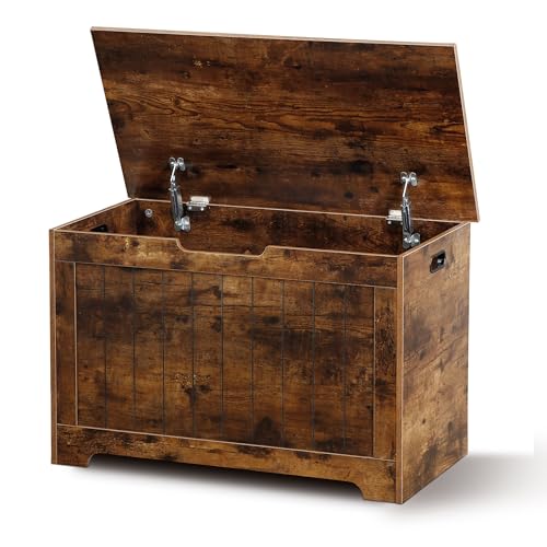 Image of SUPER DEAL Storage Chest, 30 inches Chest Box Organizer with 2 Safety Hinges, Wooden Entryway Storage Bench, Rustic Brown
