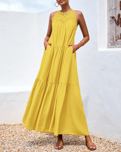 Image of BTFBM Halter Summer Dresses for Women 2026 Casual Spring Hollow Out Sleeveless Boho Sundresses Beach Vacation Maxi Dress