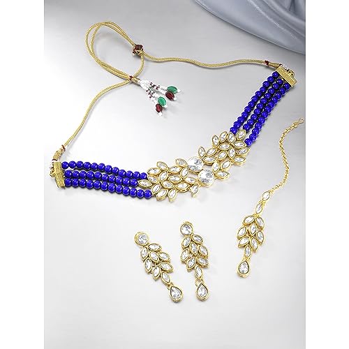 Image of Peora Gold Plated Bridal Crystal Pearl Choker Necklace with Drop Earrings Traditional Jewellery Set for Women