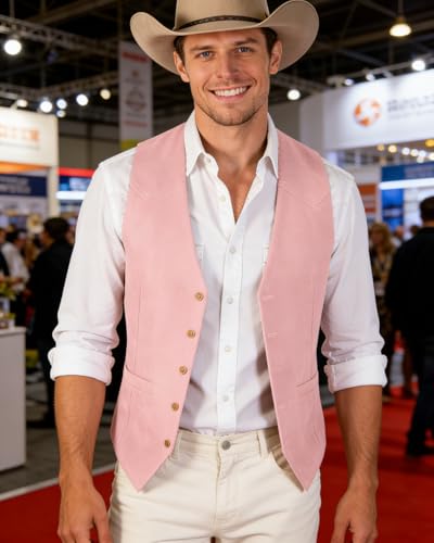 Image of Bakerbear Retro Casual Men's Cowboy Vest Western Suede Leather Waistcoat | vintage classic, v-neck, welt pockets, exquisite button, comfortable,bussiness work, wedding dress vests, prom christmas