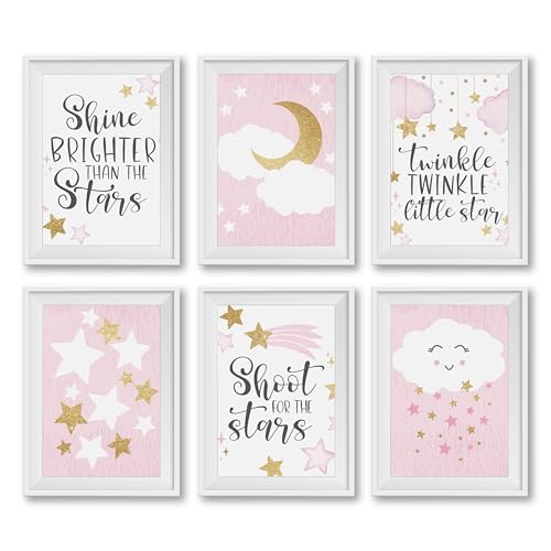 Image of Hadley Designs 6 Reversible 8x10 Moon and Stars Nursery Decor Prints, Shower Decorations, Moon and Stars Wall Decor For Baby Girl Nursery Wall Art, Baby Girl Nursery Wall Decor For Girls Bedroom