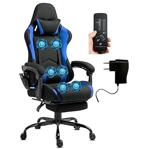 Delman Gamingstoel, racestoel, bureaustoel, computerstoel, massagefunctie met 6 vibratiepunten, managersstoel, stof, ergonomische voetensteun, 1036 (blauw)
