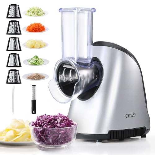 Comparison: Best Electric Vegetable Grater 10 Ganiza 5-in-1 Electric Cheese Grater for Kitchen, Max 250W Cheese Shredder, 5 Changeable Blades Salad Shooter, Slicer Electric for Cheese/Veggies/Salad with an Extra Zester grater
