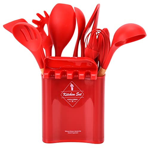 Fyearfly Lot de 13 ustensiles de cuisine en silicone, antiadhésifs, résistants à la chaleur, poignée en bois, ustensiles de cuisine rouges