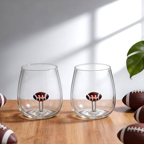 Potchen 2 Pcs 18 oz 3D Football Wine Glasses Sports Themed Wine & Water Glasses Stemless Glass Party Gifts Glassware for Sports Competitions Celebration Gift