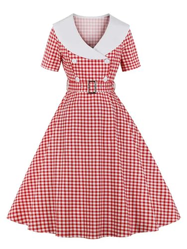 Gingham-Druck, hohe Taille, A-Linie, Baumwolle, Midi-Kleider für Damen, zweireihiges 1950er-Jahre-Rockabilly-Karokleid, Rot, L