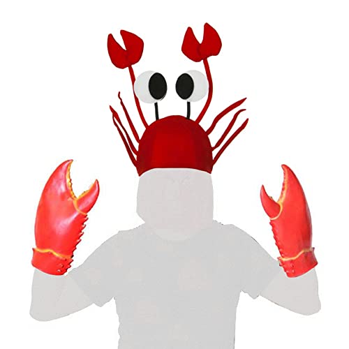 Funny Crazy Crab Hat With Claws Antenna, Latex Giant Crab Claws Gloves Mitt Kit, Crab Costume Props Hat Set Red, One Size #TOP1