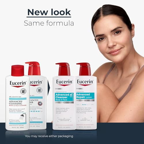 Image of Eucerin Advanced Repair Body Lotion, 16.9 FL OZ Pump Bottle, and Eucerin Advanced Cleansing Body Wash and Face Cleanser, 16.9 FL OZ Bottle, Dry Skin Relief Bundle