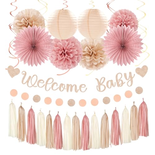 Blush-Pink Rose-Gold Fall Baby-Shower Party-Decorations - 31pcs Welcome Home Banner Sign Neutral Paper Lanterns Girl Streamers Garland Boho Hanging Tissue Pom Poms Flowers Fans Backdrop Decor Burgleda