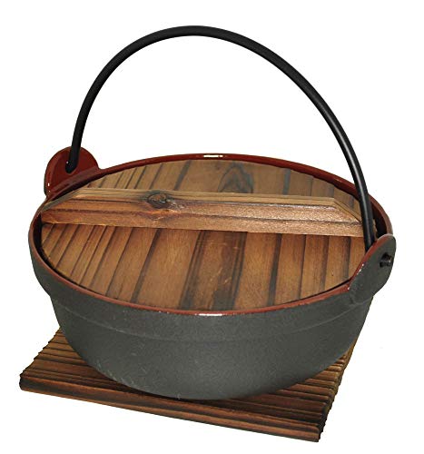 Japanese Style Enamel Coated Cast Iron Pot with Wooden Lid and Base, 9.75 Inches (DIA) x 3.75 Inches (HIGH), 11 Cups