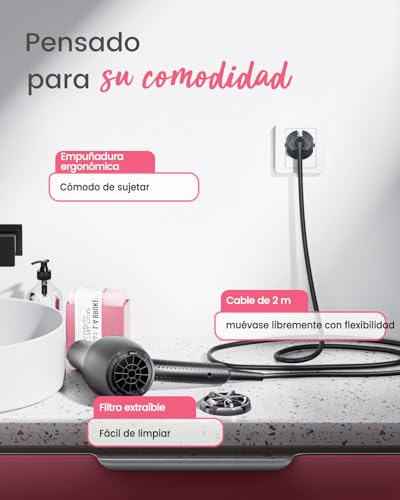 Dekuri Secador Pelo Profesional, Secadores Iónico Cabello Sin Encrespamiento, Hair Dryer con Difusor y Boquillas, 3 Temperaturas y 2 Velocidades para Mujeres y Hombres, Secado Rápido Salón - imagen 8