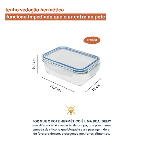 POTE HERMÉTICO DE VIDRO COM TAMPA TRANSPARENTE RETANGULAR 570ML - OIKOS