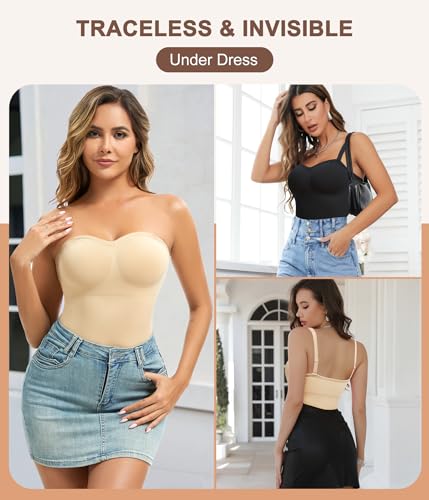 Image of Strapless Shapewear for Women,Tummy Control Bodysuit With Built In Bra,Seamless Body Shaper Tube Top Body Suit