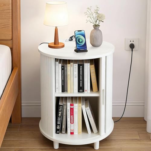 Image of DHH Round End Table with Storage & Charging Station, Fluted Accent Side Table with Sliding Door & Adjustable Shelf, Mid-Century Nightstand for Small Spaces, Living Room, Bedroom(Grayish White)