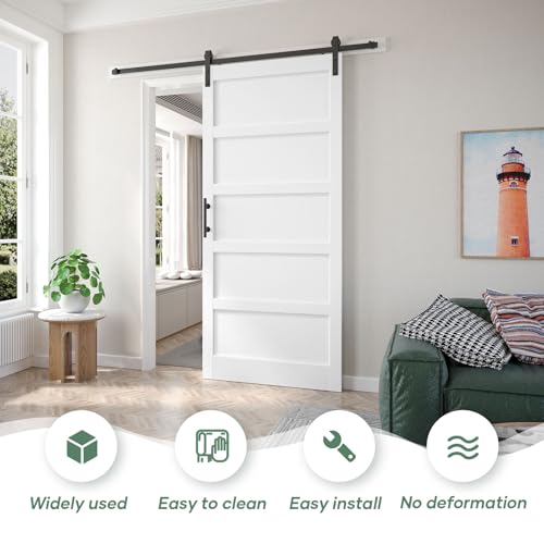 Image of Fredbeck 42x96 inch White Barn Door with 7FT Sliding Door Hardware Kit Included & Handle,MDF,Solid PVC Surface,DIY Assembly,5-Panel