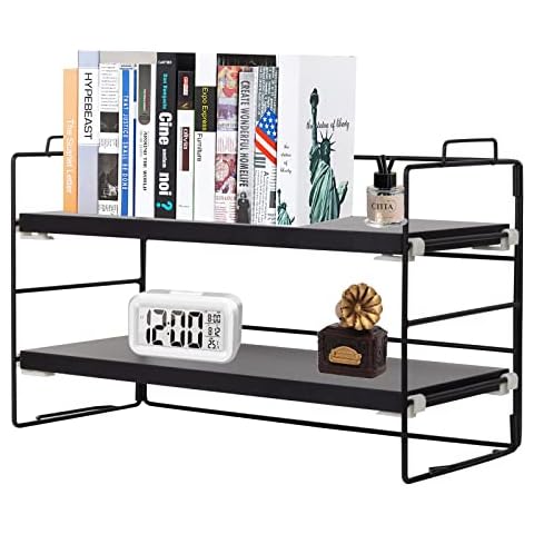 powerking Desk Shelf Organiser, 2 Tier Black Painted Metal Frame and Black Teak Board Desktop Shelves Cover
