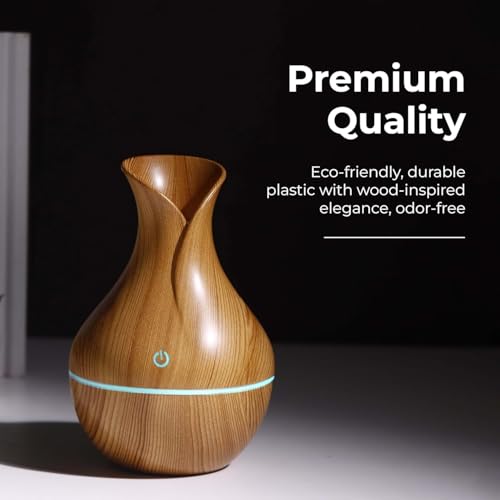 Image of Aroma Diffuser Humidifier with LED Light Ring, Wood Grain Design, USB Powered Mist Diffuser for Essential Oil and Water (Light Brown Vase)