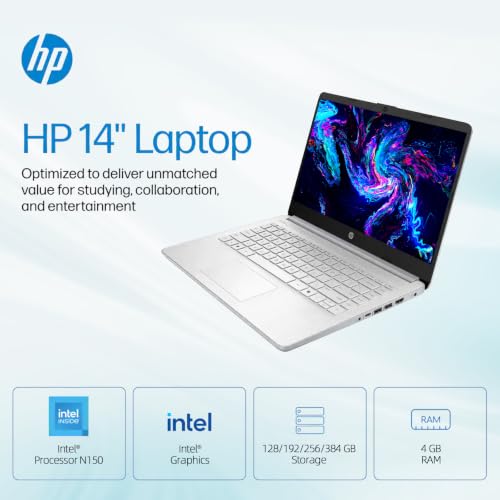 Image of HP 14 inch HD Student Business Laptop, Intel N150, 4GB RAM, 192GB Storage | (128GB UFS + 64GB SD Card), 720p Webcam, Slim Design, Copilot AI, WiFi 6, 1 Year Office 365, Win 11, Natural Silver