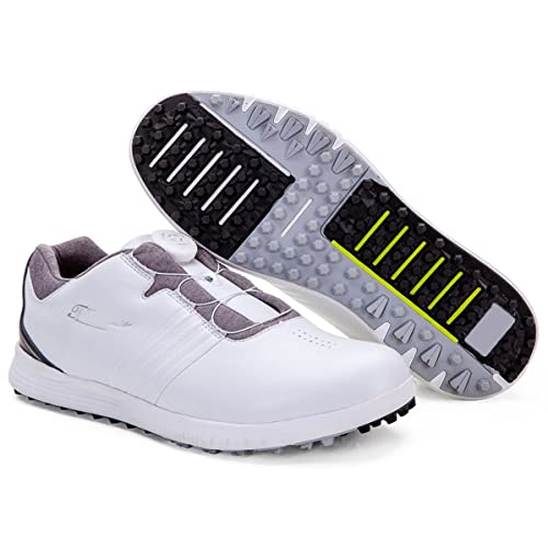 VIIPOO Chaussures De Golf Imperméables pour Hommes, Antidérapante Résistant À l'usure Spike Fixe Spike Fixe SPOTES, Bouton Dentelle Chaussures Casual,White-EU40