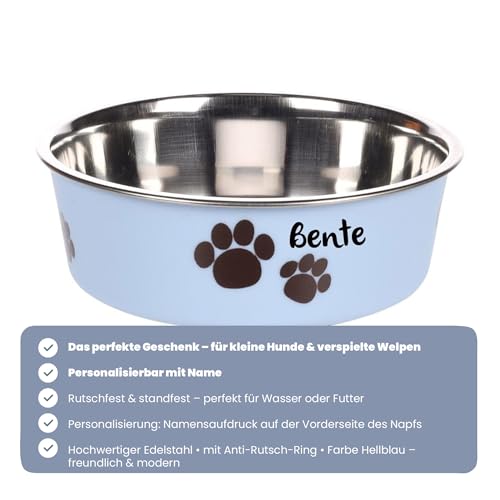 Hundenapf personalisiert aus Edelstahl S 450 ml Hellblau – rutschfest, leicht & hygienisch – Futter- & Wassernapf mit Namen für kleine Hunde & Katzen