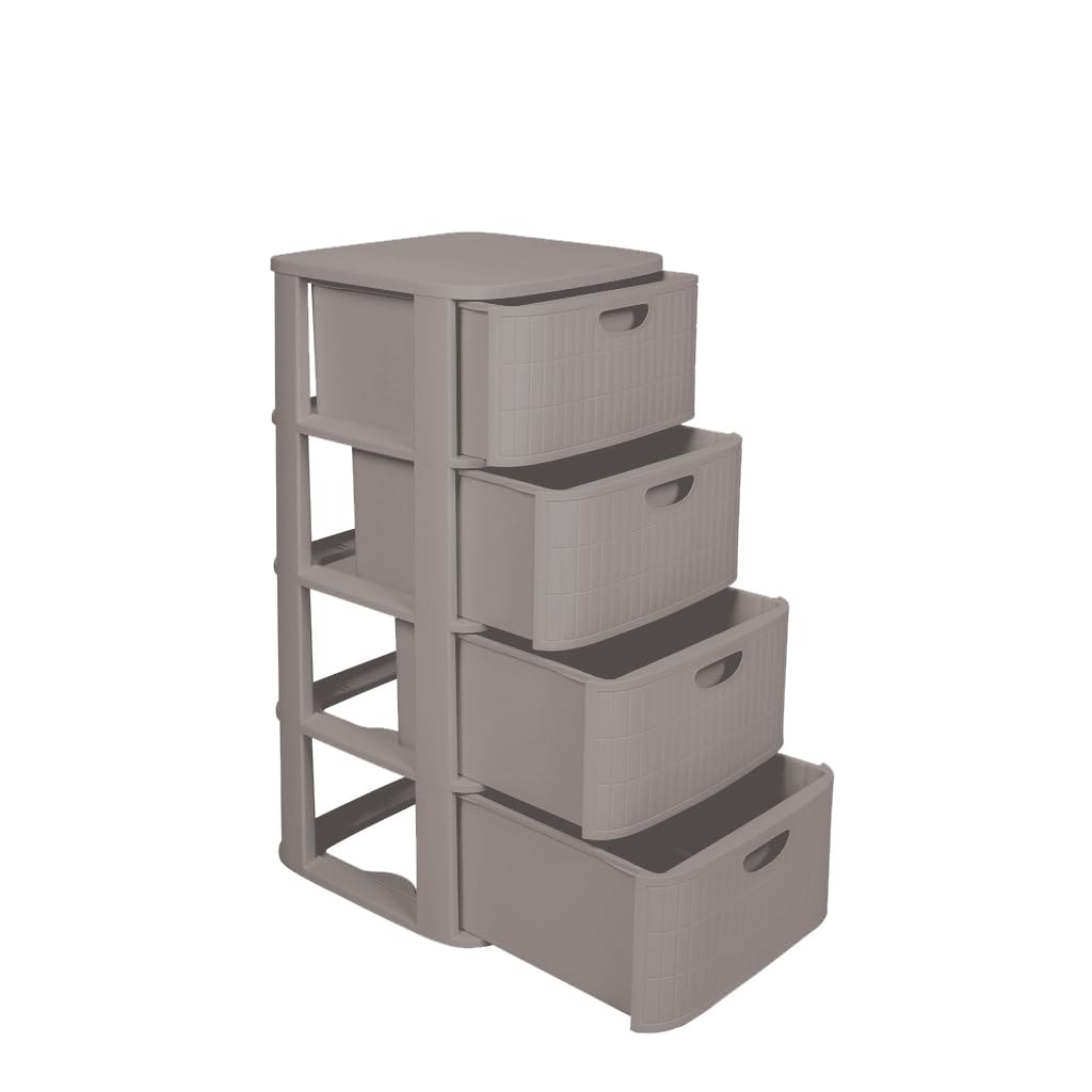 Kreher® XL Rollbarer Schubladenschrank Rollcontainer Nischenschrank aus Kunststoff in Rillen-Optik mit 4 Schubladen. Maße: ca. 40x40x81 cm (Taupe)