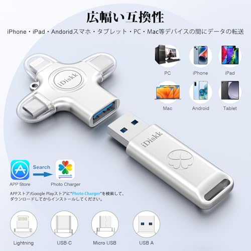 iDiskk 4in1 128GB iPhone 外付け USBメモリ・フラッシュドライブ 3in1変換アダプタ 外部ストレージ スティックLightningやType-CのiPhone17/16/15シリーズ/iPadシリーズ/Androidスマホ/Mac/PCな高互換性 プラグ&プレイPhoto stick 写真動画 ワンクリック 自動バックアップ 接続や操作簡単 携帯スペース解放 容量拡張