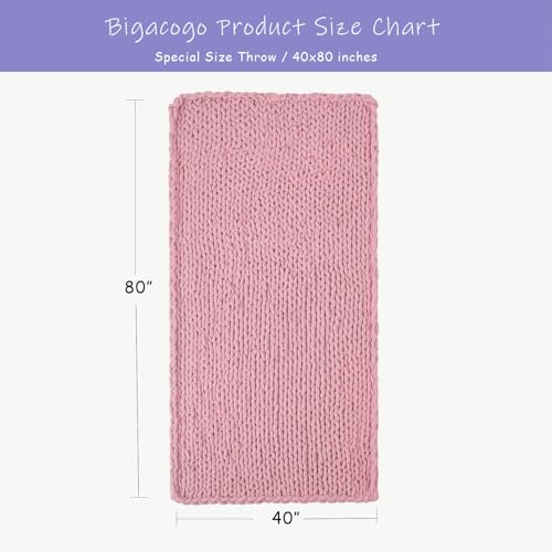 Bigacogo Chunky Knit Throw Blanket for Couch, 40x80 inches, 100% Hand Knitted with Thick Jumbo Chenille Yarn, Cozy Soft Large Rope Knot Cable Crochet Blankets for Sofa Bed Living Room, Blush Pink